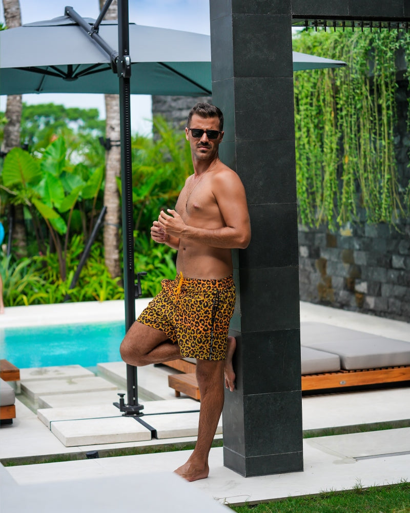 Leopard Print Gold Swim Shorts - 5" Swim Trunks Tucann 