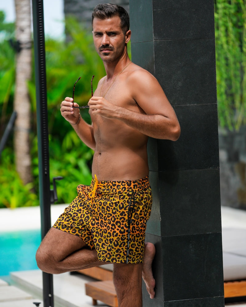 Leopard Print Gold Swim Shorts - 5" Swim Trunks Tucann 