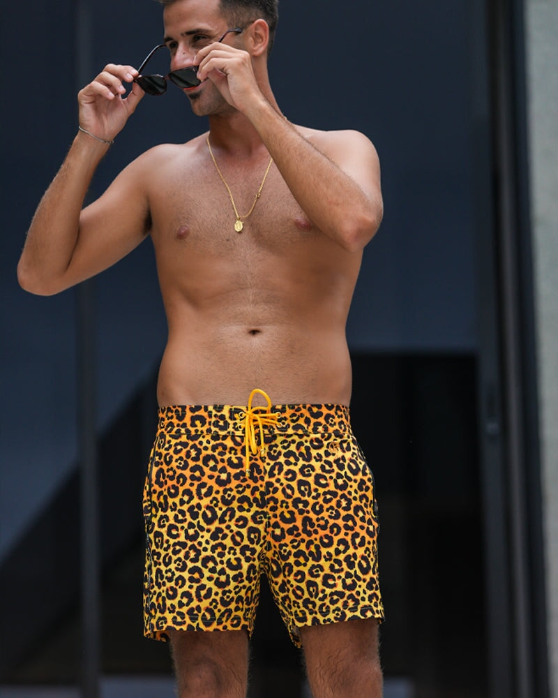 Leopard Print Gold Swim Shorts - 5" Swim Trunks Tucann 