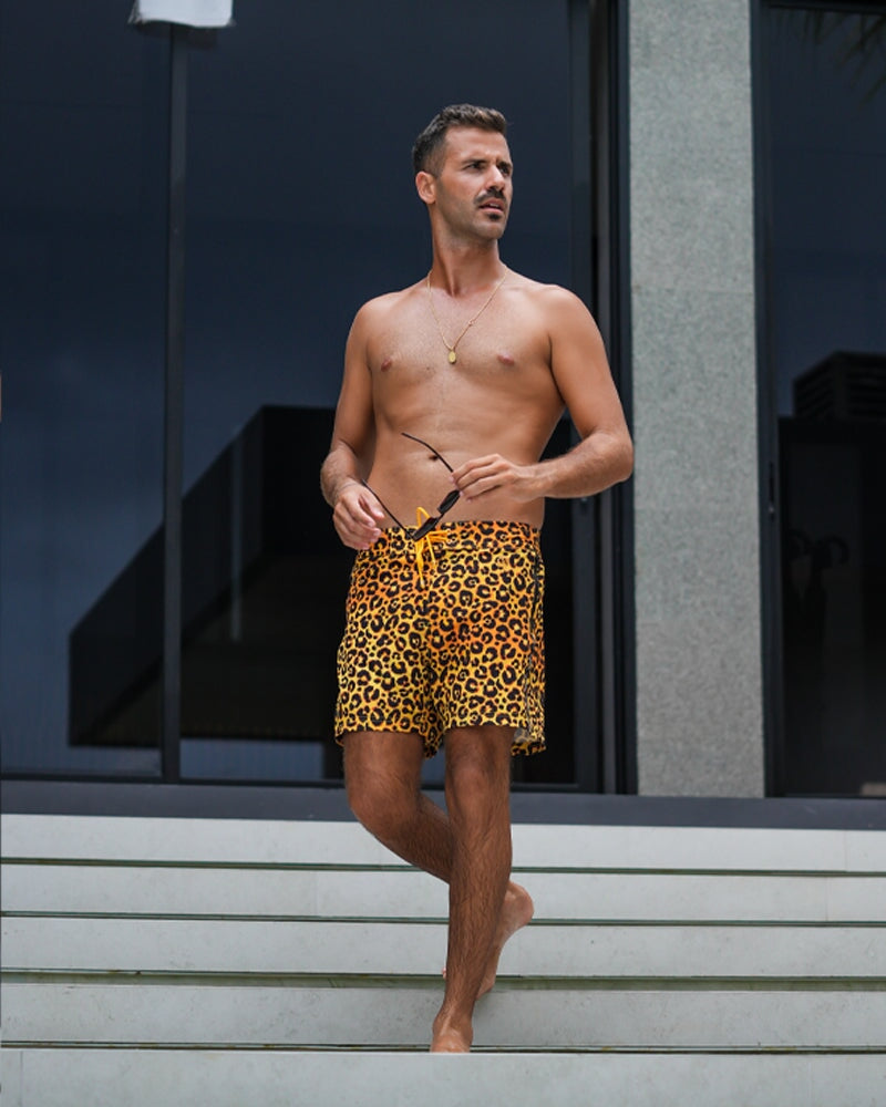 Leopard Print Gold Swim Shorts - 5" Swim Trunks Tucann 