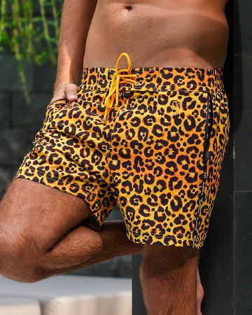 Leopard Print Gold Swim Shorts - 5"